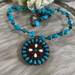 NEW Robert Rose Vintage Southwestern Boho Turquoise Beaded Medallion Necklace 18